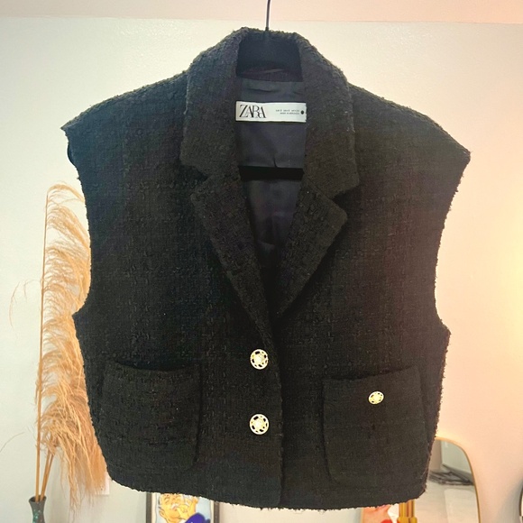 Zara tweed black cropped vest with gold buttons Sz S - Picture 6 of 11